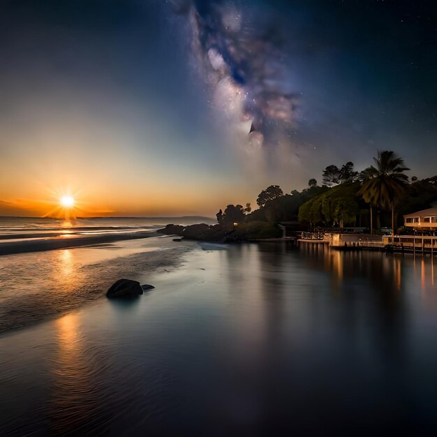 Un coucher de soleil avec une galaxie dans le ciel