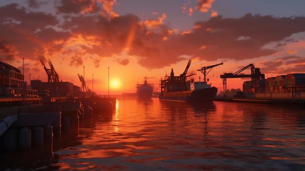 Le coucher de soleil de Gdansk au-dessus de la grue du port de Mutawa et Zoran Ai Generative