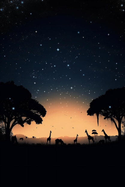 Un coucher de soleil avec des girafes et des arbres au premier plan.