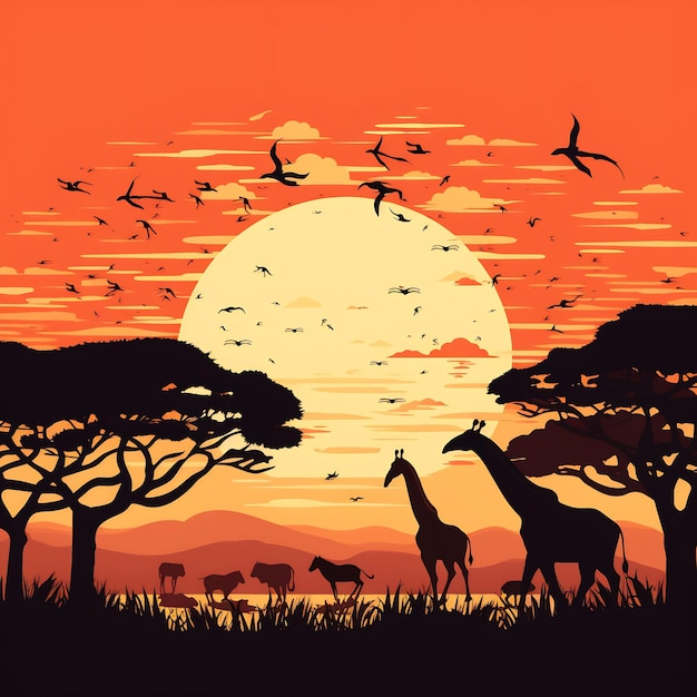 un coucher de soleil avec des girafes et des girafes au premier plan