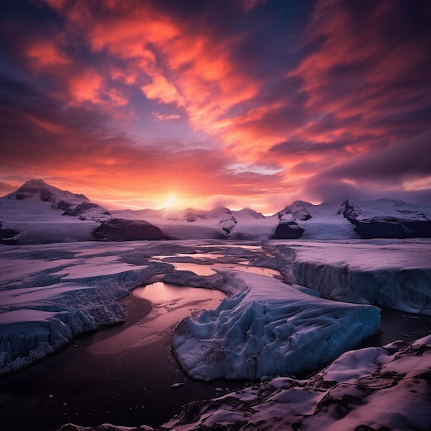 Un coucher de soleil sur un glacier avec une montagne en arrière-plan