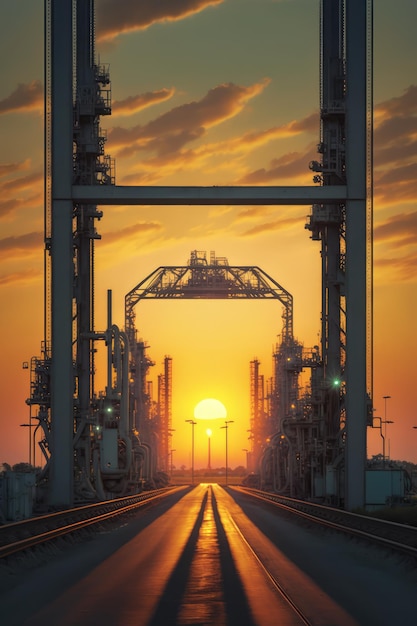 Un coucher de soleil avec une grande usine industrielle au premier plan