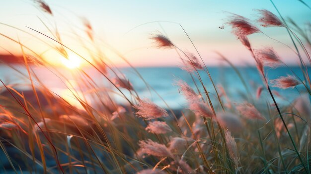 Photo le coucher de soleil sur l'herbe soufflant dans le vent