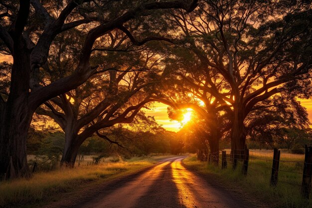 Le coucher de soleil de l'heure d'or sur une route de campagne bordée d'arbres