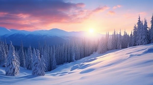 Le coucher de soleil d'hiver dans les montagnes