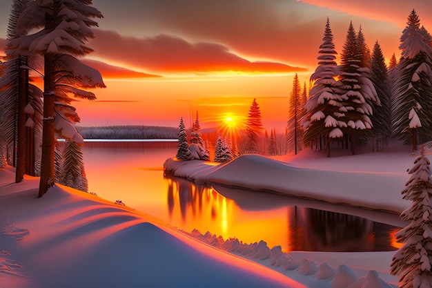 Un coucher de soleil d'hiver avec de la neige au sol et un lac