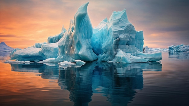 Un coucher de soleil avec des icebergs flottant dans l'eau