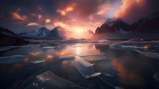 Un coucher de soleil avec des icebergs et des montagnes en arrière-plan