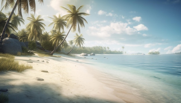 Coucher de soleil idyllique sur un palmier, eaux tranquilles au bord d'un paradis tropical, aventure générée par l'intelligence artificielle