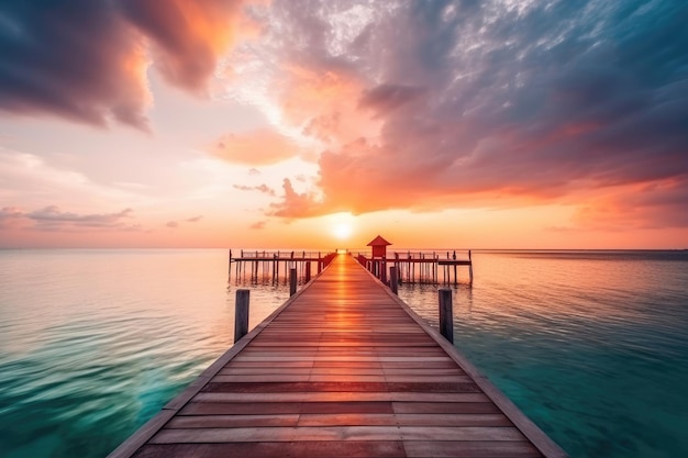 Coucher de soleil sur l'île des Maldives dans un complexe