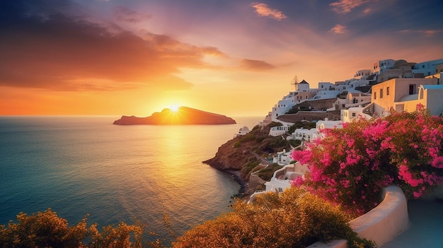 Coucher de soleil sur l'île de Santorin en Grèce