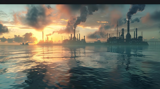 Un coucher de soleil industriel hyperréaliste avec de la fumée et des eaux calmes