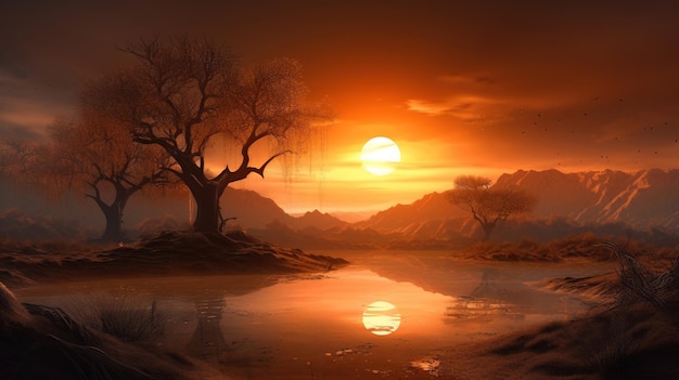 Coucher de soleil sur un lac avec un arbre au premier plan