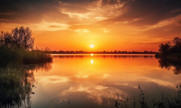 Coucher de soleil sur un lac avec un arbre au premier plan