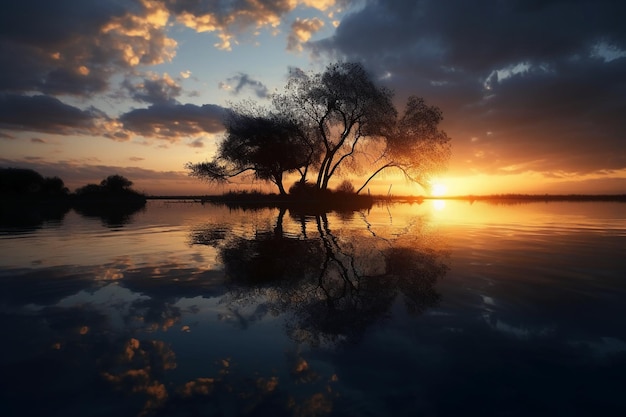 Un coucher de soleil sur un lac avec un arbre au premier plan