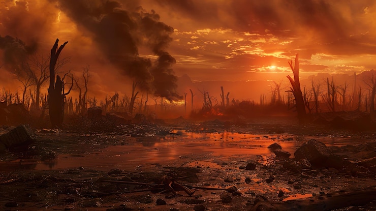 Photo un coucher de soleil avec un lac et des arbres au premier plan