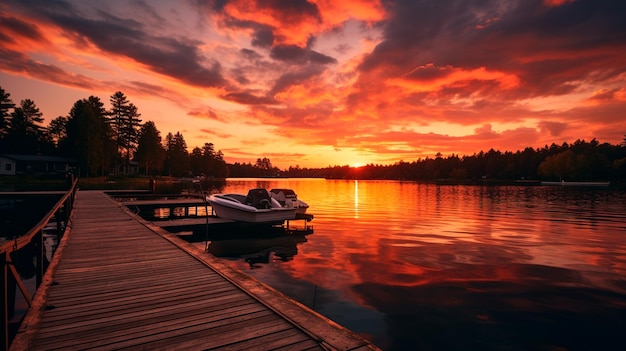 coucher de soleil sur le lac avec un bateau