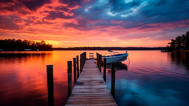 coucher de soleil sur le lac avec un bateau