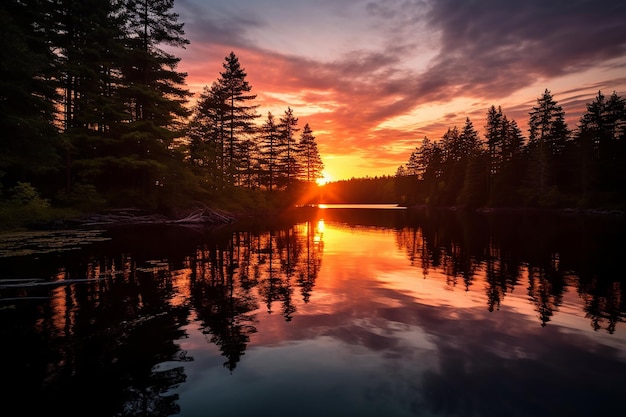 Coucher de soleil sur un lac calme entouré d'arbres