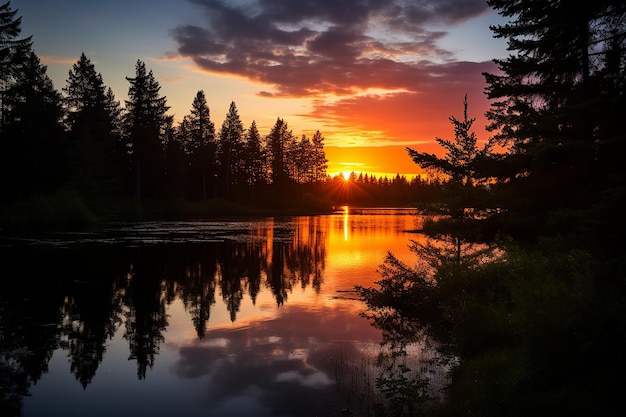 Coucher de soleil sur un lac calme entouré d'arbres