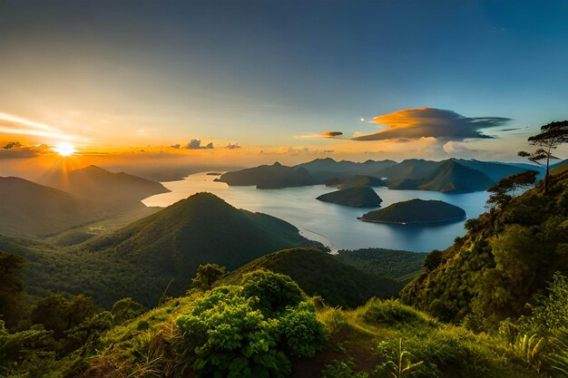 Un coucher de soleil sur un lac avec une chaîne de montagnes en arrière-plan