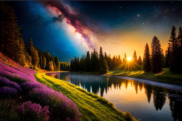 coucher de soleil sur le lac avec un ciel coloré