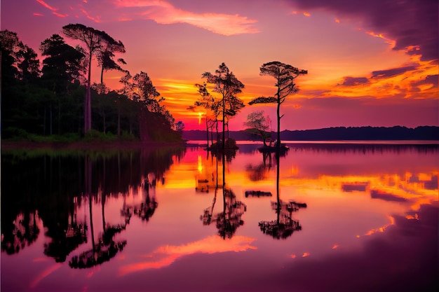 Coucher de soleil sur le lac. Ciel coloré