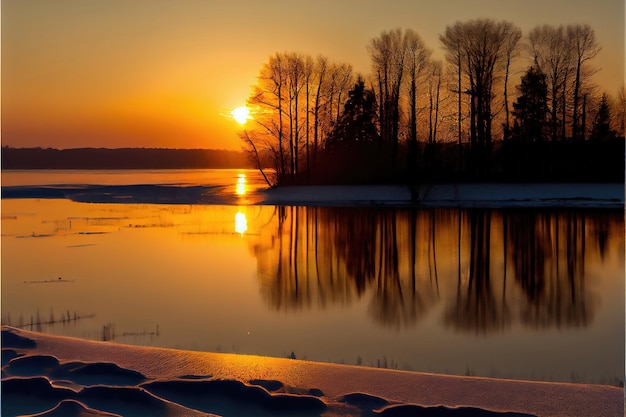 Coucher de soleil sur le lac. Ciel coloré