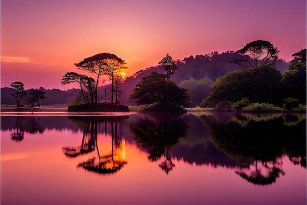 Coucher de soleil sur le lac. Ciel coloré