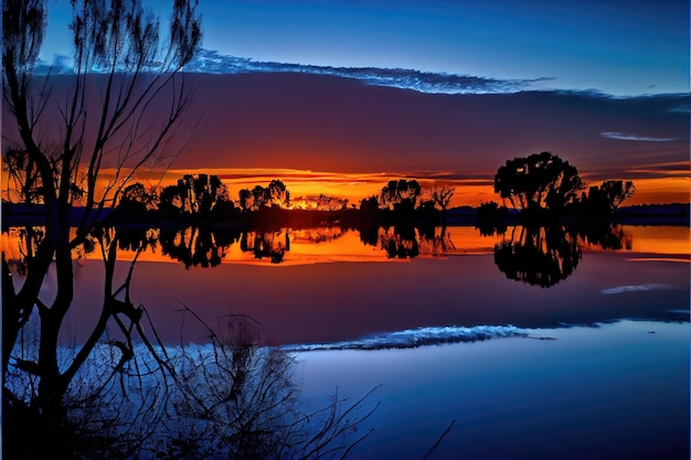 Coucher de soleil sur le lac. Ciel coloré