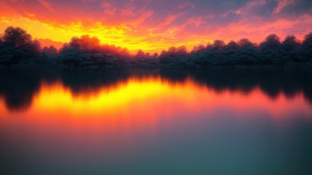 Un coucher de soleil sur un lac avec un coucher de soleil en arrière-plan