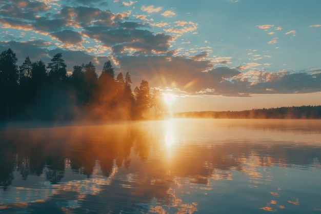 Le coucher de soleil d'un lac d'Europe du Nord avec réflexion et ciel bleu