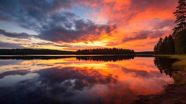 un coucher de soleil sur un lac avec une forêt en arrière-plan