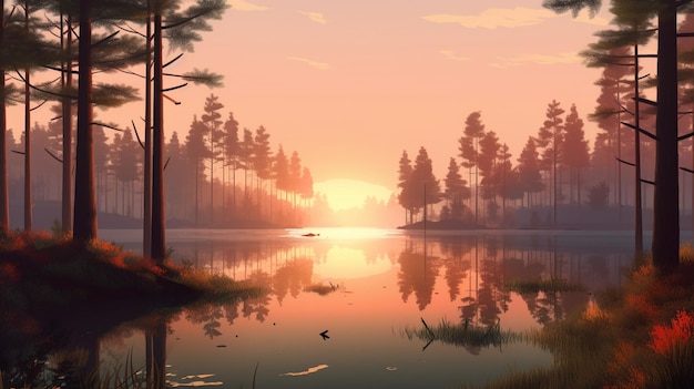 Un coucher de soleil sur un lac avec une forêt en arrière-plan