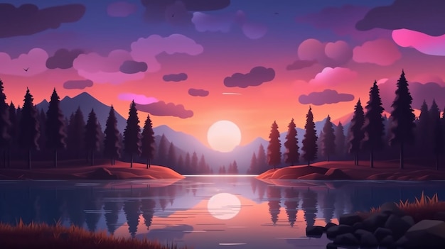 Un coucher de soleil sur un lac avec une forêt et un coucher de soleil en arrière-plan.