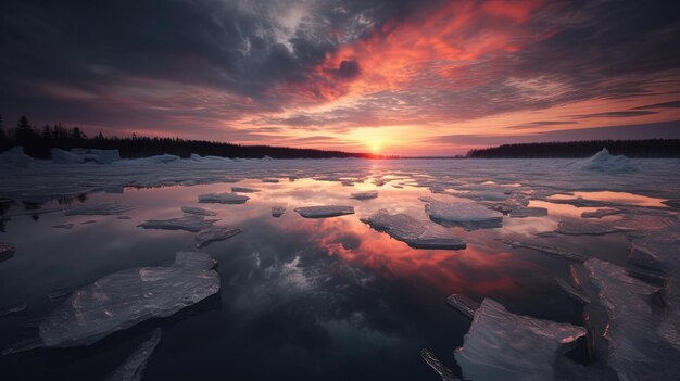 Photo un coucher de soleil sur un lac gelé avec des flots de glace et un ciel coloré.