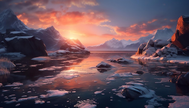 Un coucher de soleil sur un lac gelé avec des montagnes enneigées et un coucher de soleil.