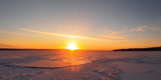 Un coucher de soleil sur un lac gelé avec un sol couvert de neige et une personne en chemise blanche.