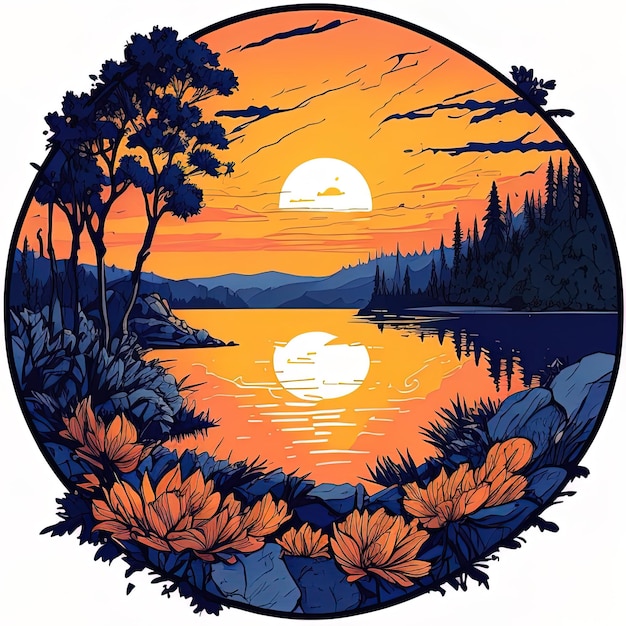 Coucher de soleil sur le lac Illustration vectorielle dans le style de Doodle
