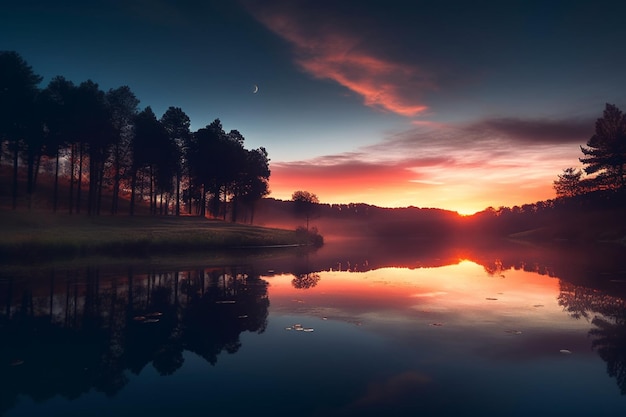 Un coucher de soleil sur un lac avec une lune et des arbres