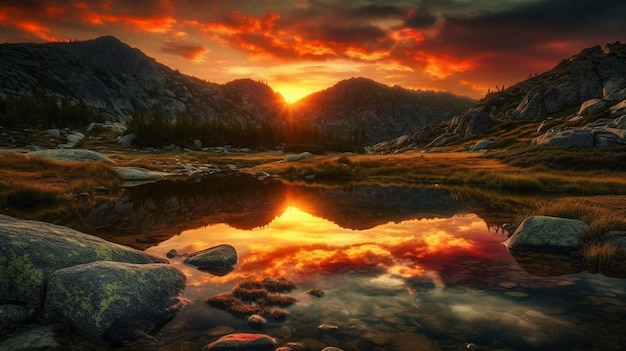 Un coucher de soleil sur un lac de montagne avec un reflet du ciel et du soleil qui brille sur l'eau.