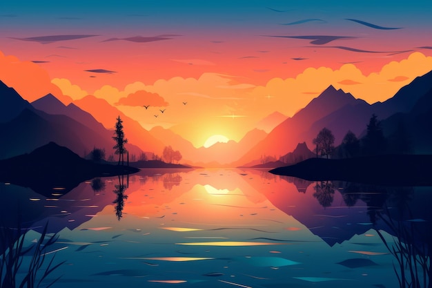 Coucher de soleil sur un lac avec des montagnes et des arbres.