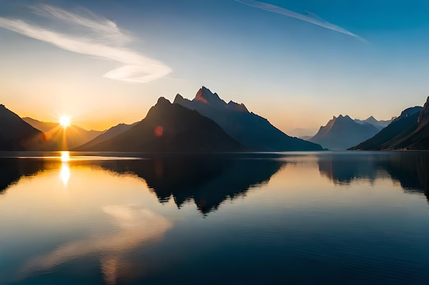 Un coucher de soleil sur un lac avec des montagnes en arrière-plan