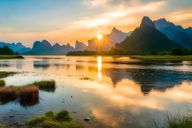 Un coucher de soleil sur un lac avec des montagnes en arrière-plan