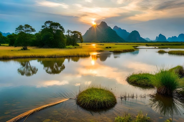 Un coucher de soleil sur un lac avec des montagnes en arrière-plan