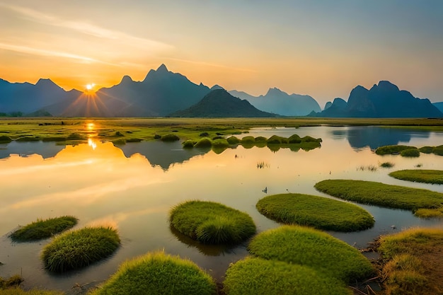 Un coucher de soleil sur un lac avec des montagnes en arrière-plan