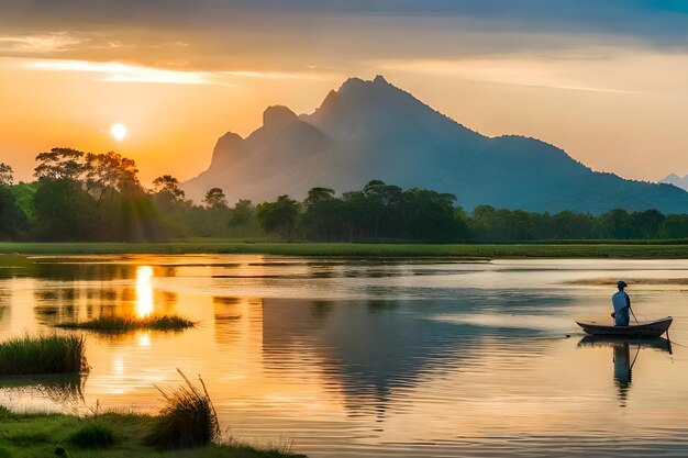 Photo un coucher de soleil sur un lac avec des montagnes en arrière-plan