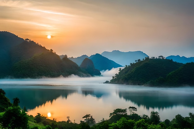 Un coucher de soleil sur un lac avec des montagnes en arrière-plan