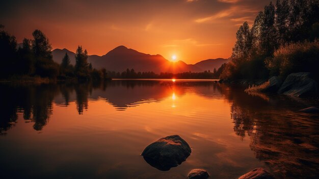 Un coucher de soleil sur un lac avec des montagnes en arrière-plan