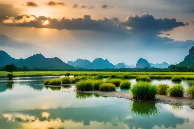 Photo un coucher de soleil sur un lac avec des montagnes en arrière-plan